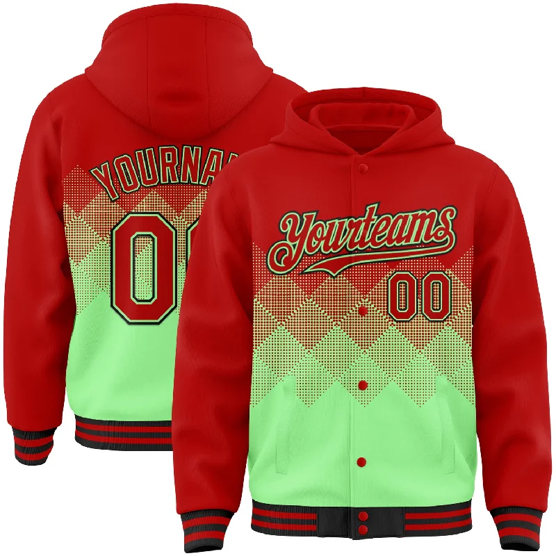 Unisex Casual Fashion Trends Modish Fashion Discounts Custom Red Pea Green-Black Gradient Square Shape 3D Pattern Design Bomber Full-Snap Varsity Letterman Hoodie Jacket