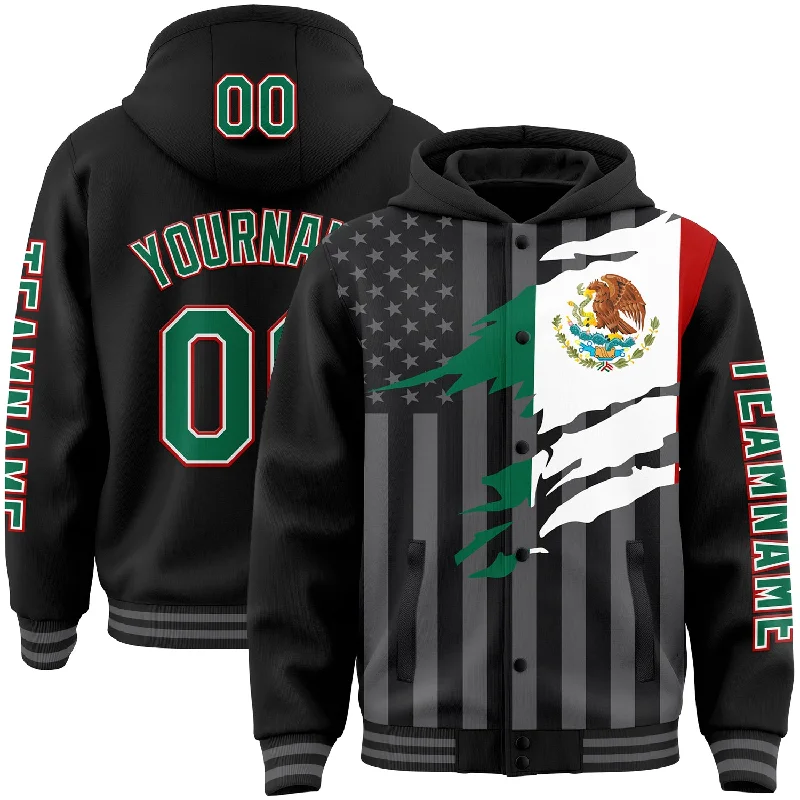 Oversized And Relaxed Unisex Fashion Fashion Deal Custom Black Kelly Green Red-Gray Mexico Mexican Flag 3D Bomber Full-Snap Varsity Letterman Hoodie Jacket