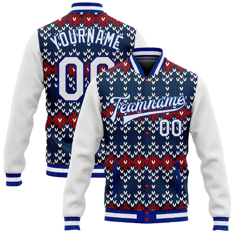 Sleek And Contemporary Gender-Free Outfits Limited Styles Custom Navy White-Royal Christmas 3D Bomber Full-Snap Varsity Letterman Jacket