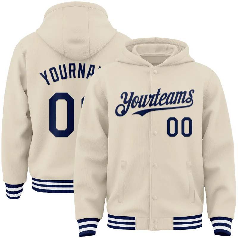 Sleek And Stylish Unisex Outerwear Unleash Your Style Custom Cream Navy-White Bomber Full-Snap Varsity Letterman Hoodie Jacket