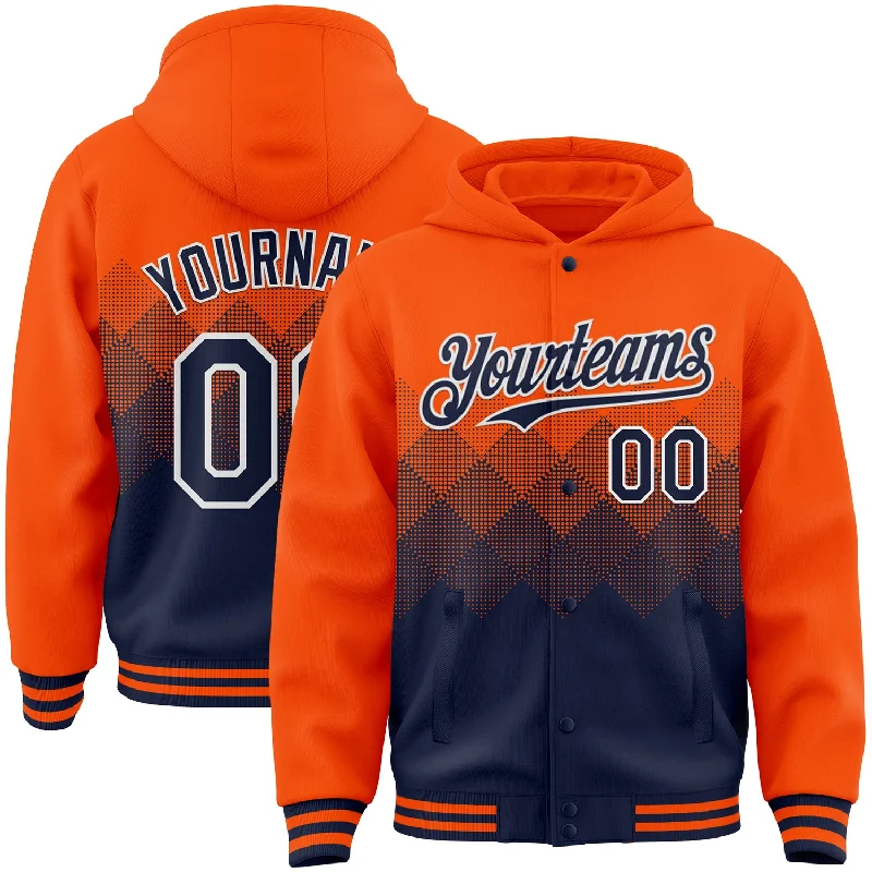 Oversized Unisex Apparel For Effortless Style Premium Style Custom Orange Navy-White Gradient Square Shape 3D Pattern Design Bomber Full-Snap Varsity Letterman Hoodie Jacket