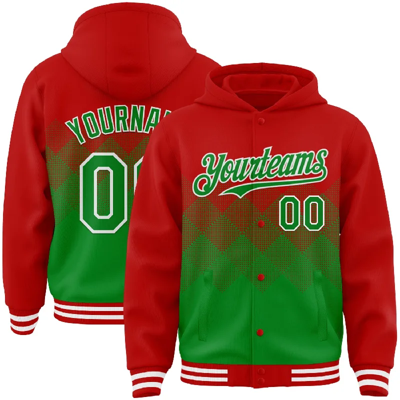 Urban-Inspired Unisex Fashion Pieces Vintage-Inspired Style Offers Custom Red Grass Green-White Gradient Square Shape 3D Pattern Design Bomber Full-Snap Varsity Letterman Hoodie Jacket