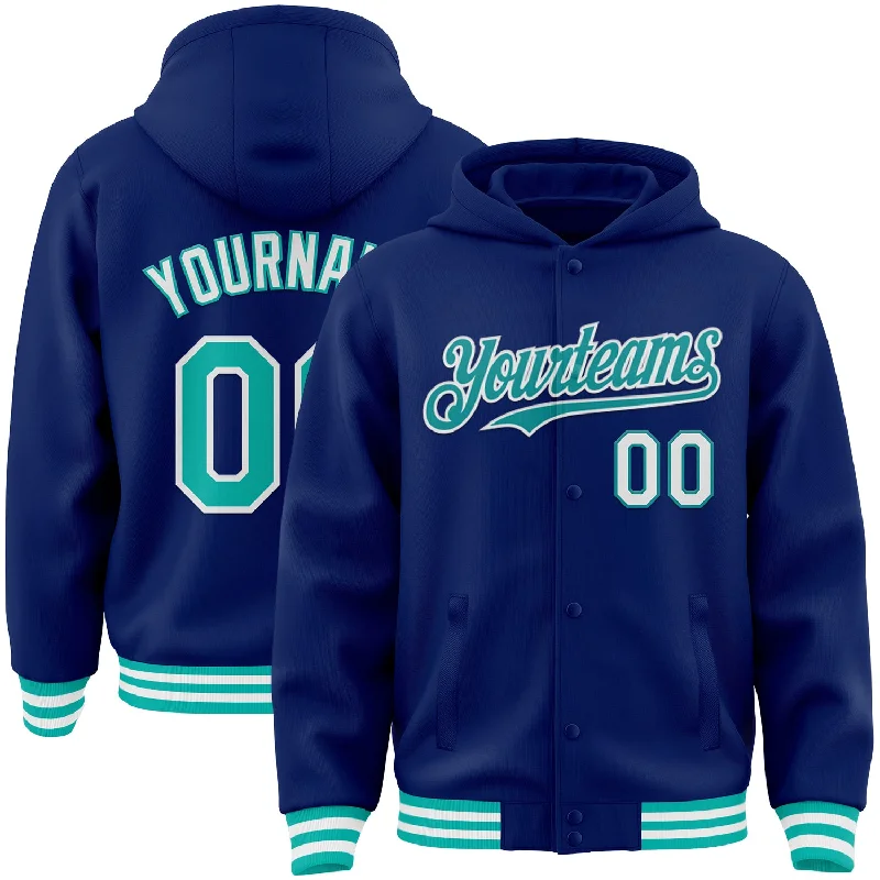 All-Season Unisex Clothing Collection Trend Alert Custom Royal Aqua-White Bomber Full-Snap Varsity Letterman Hoodie Jacket