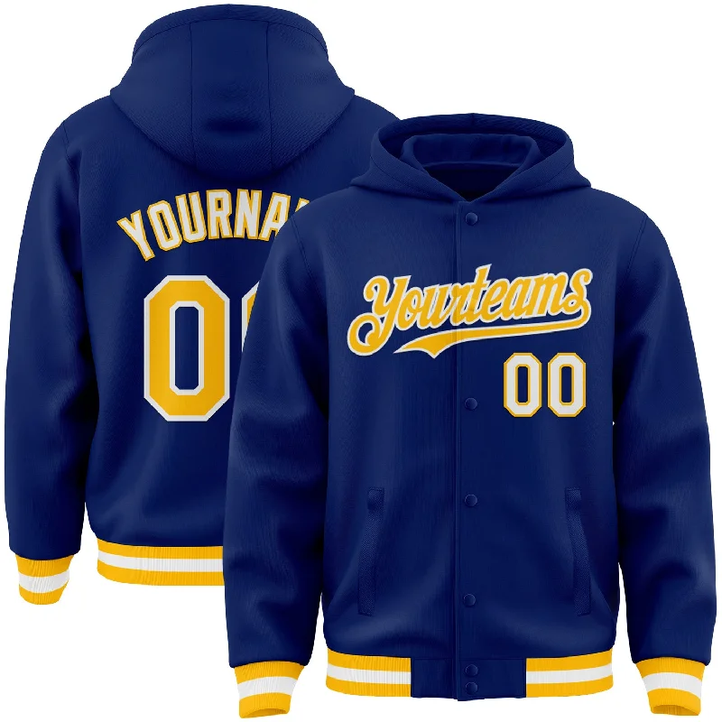 Gender-Neutral Fashion For Everyday Style Chic & Cozy Collection Custom Royal Gold-White Bomber Full-Snap Varsity Letterman Hoodie Jacket