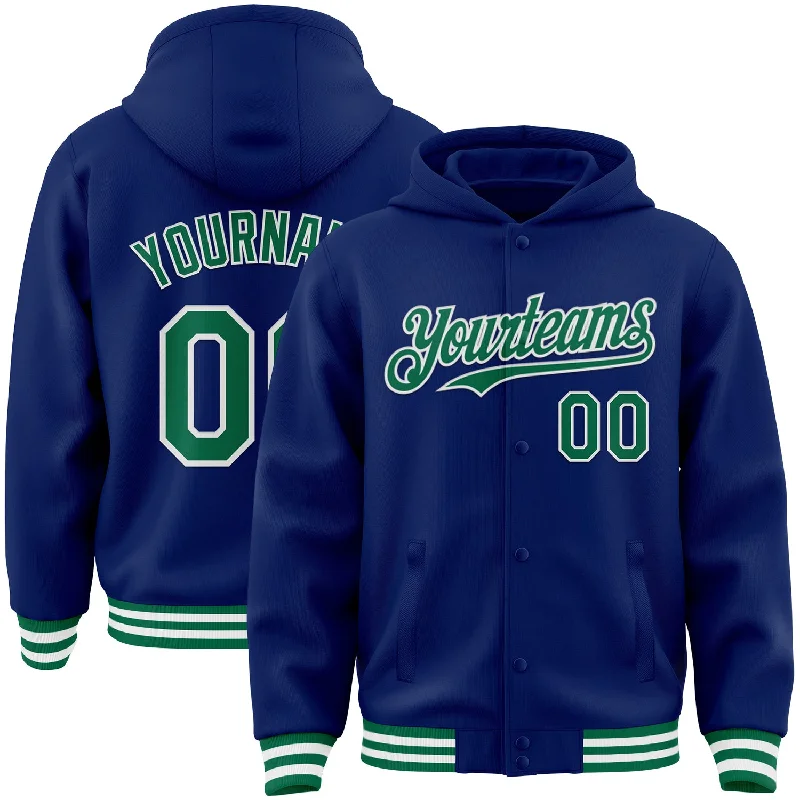 Fashion-Forward Unisex Apparel Stylish Savings Custom Royal Kelly Green-White Bomber Full-Snap Varsity Letterman Hoodie Jacket