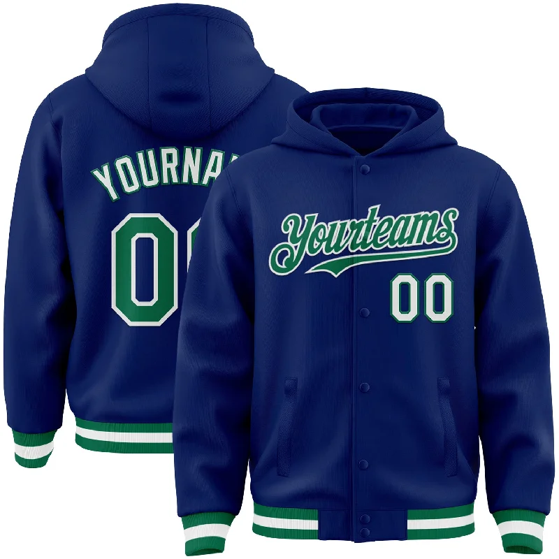 Breathable And Lightweight Unisex Wear Comfort Meets Fashion Custom Royal Kelly Green-White Bomber Full-Snap Varsity Letterman Hoodie Jacket