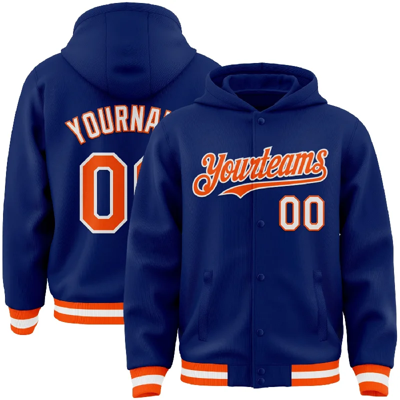 Oversized Unisex Apparel For Effortless Style Effortless Style, Endless Impact Custom Royal Orange-White Bomber Full-Snap Varsity Letterman Hoodie Jacket